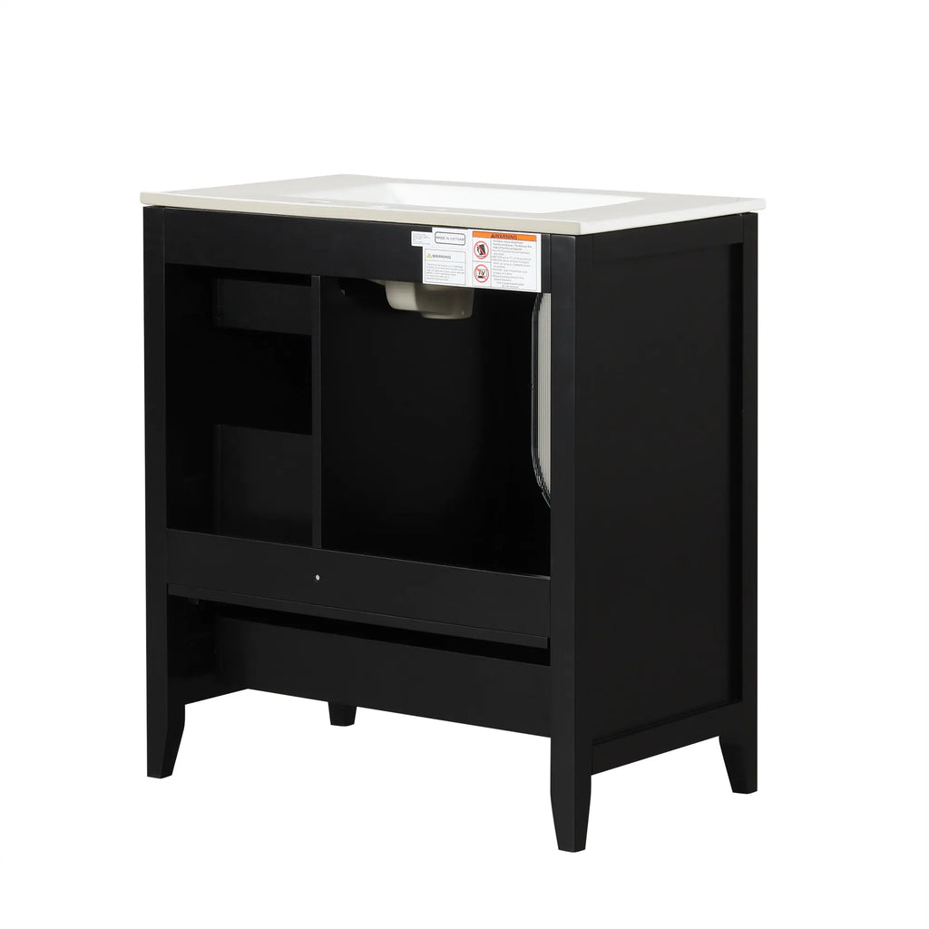 30" Bathroom Vanity with Sink – 3 Drawers, Moru Glass Door, Solid Wood & MDF, Ceramic Sink, Black – Freestanding Next Gen Luxe Solutions