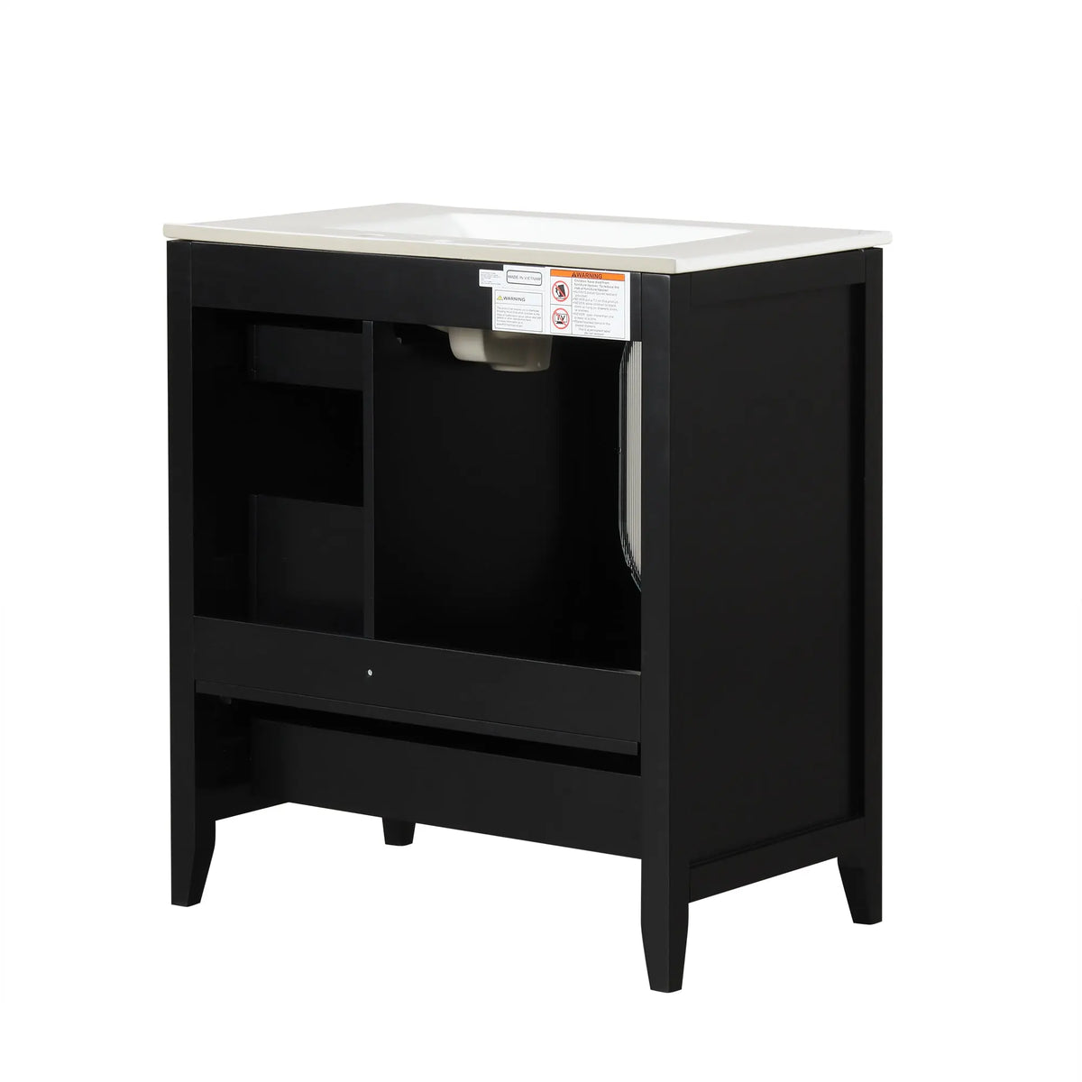 30" Bathroom Vanity with Sink – 3 Drawers, Moru Glass Door, Solid Wood & MDF, Ceramic Sink, Black – Freestanding Next Gen Luxe Solutions