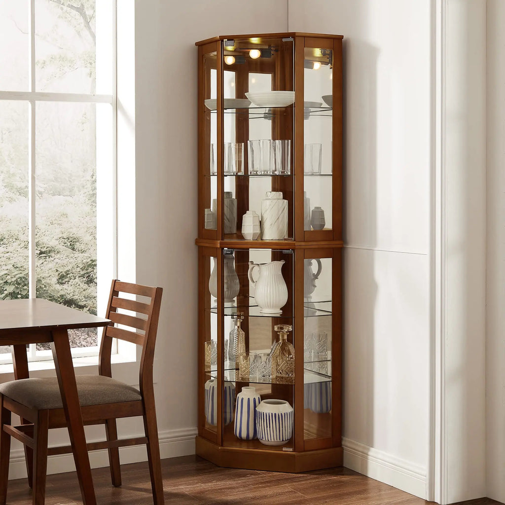 6-Shelf Corner Curio Display Cabinet with Light, Mirror & Adjustable Shelves – Walnut Wood Next Gen Luxe Solutions