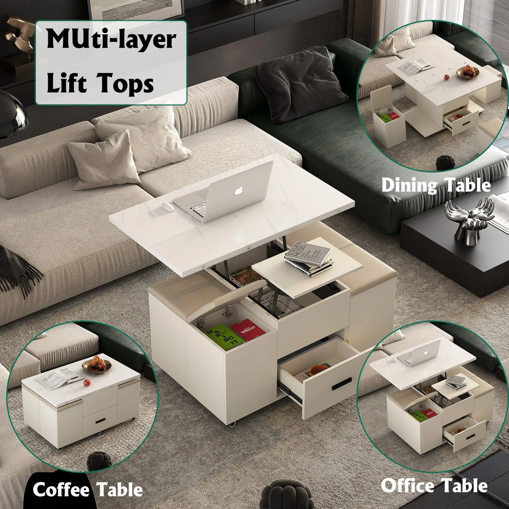 Modern Lift-Top Coffee Table with 4 Chairs, Expandable Storage – Hidden Compartment & 2 Drawers Next Gen Luxe Solutions