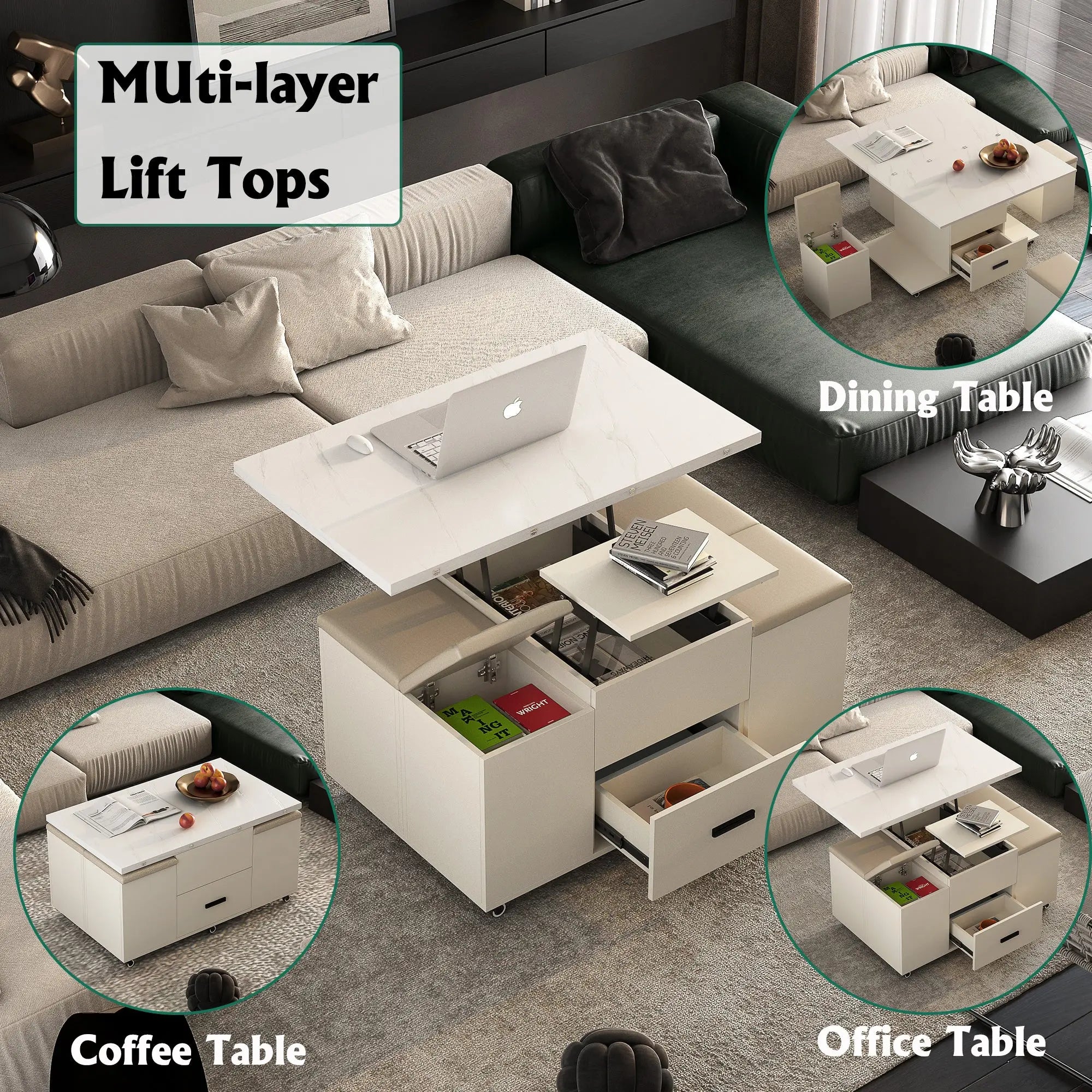 Modern Lift-Top Coffee Table with 4 Chairs, Expandable Storage – Hidden Compartment & 2 Drawers Next Gen Luxe Solutions