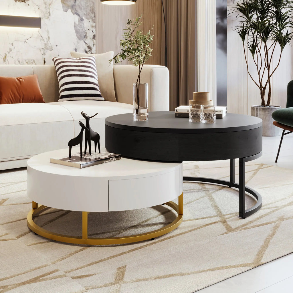 Modern Round Lift-Top Nesting Coffee Tables Set of 2 | Hydraulic Lift, 2 Drawers, Gold Metal Base – White & Black Next Gen Luxe Solutions