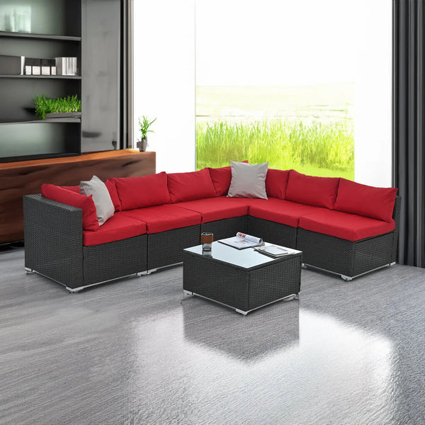 7-Piece Outdoor Patio Furniture Set | PE Wicker Sectional Sofa with Tempered Glass Table, Cushions & Pillows – Dark Gray Next Gen Luxe Solutions