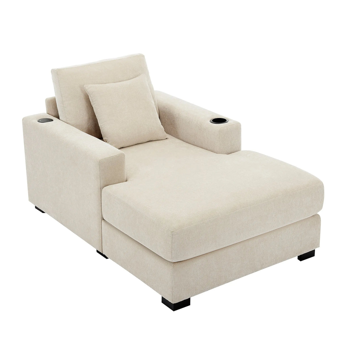 39.7" Oversized Chenille Chaise Lounger | Built-In Charge Station, Cup Holder, Pillows, Washable Covers – Cream, 330 lb Capacity Next Gen Luxe Solutions