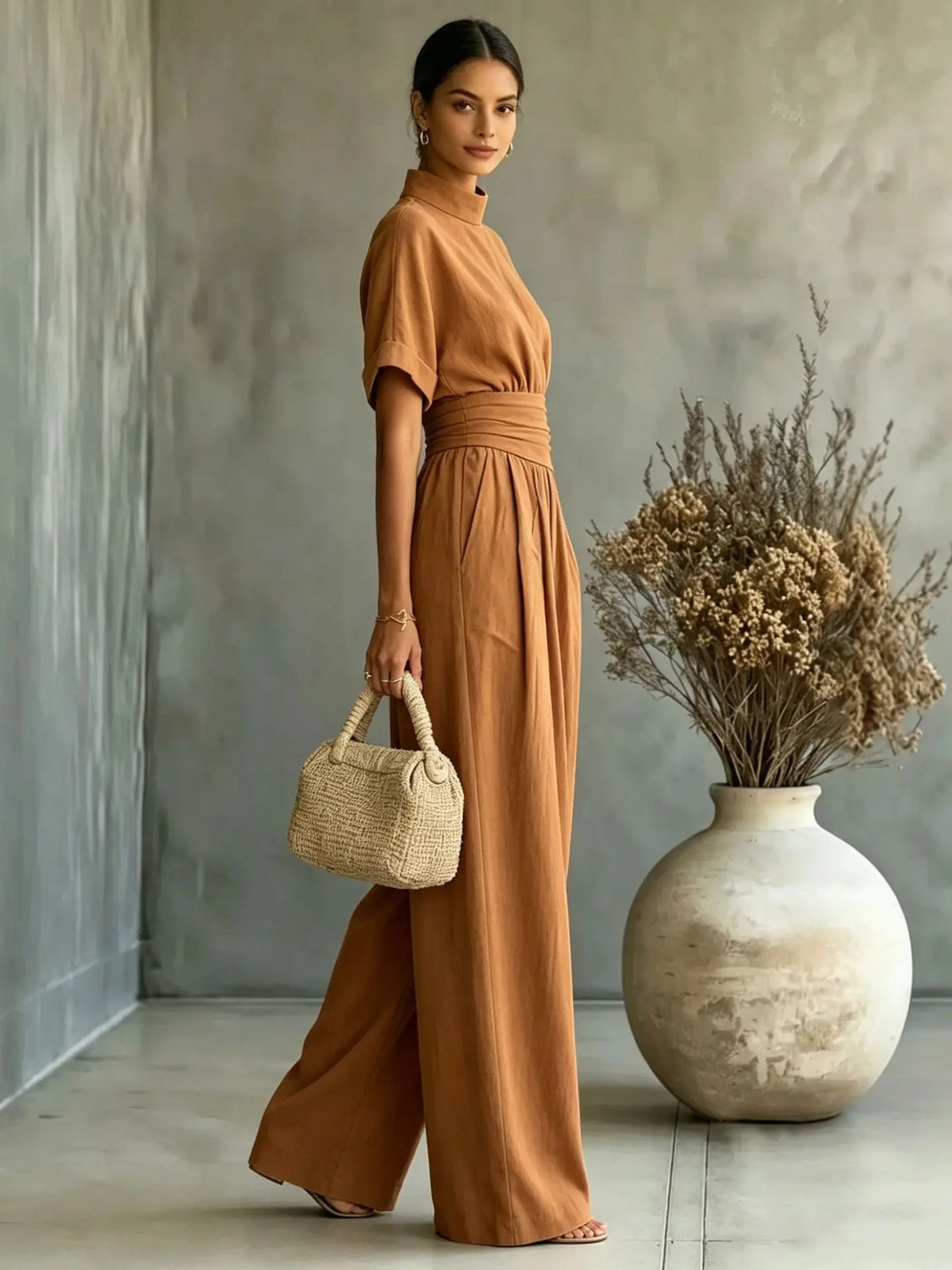Women's Mock Neck Short Sleeve Wide Leg Jumpsuit | Full Length, Minimalist Solid Color – 5 Colors, S–2XL Next Gen Luxe Solutions