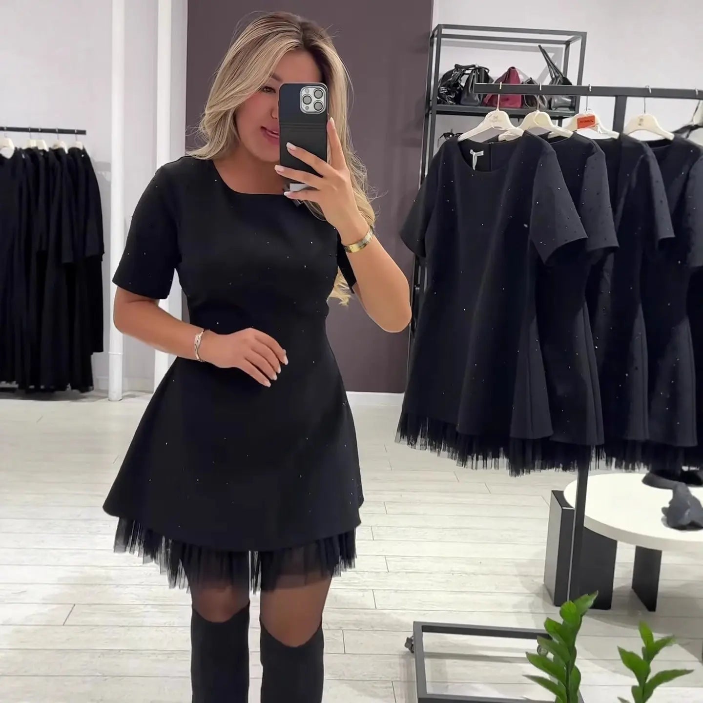 Women's Round Neck Short Sleeve Slim Fit A-Line Mini Dress | High Waist, Solid Color – Brown, Black Next Gen Luxe Solutions