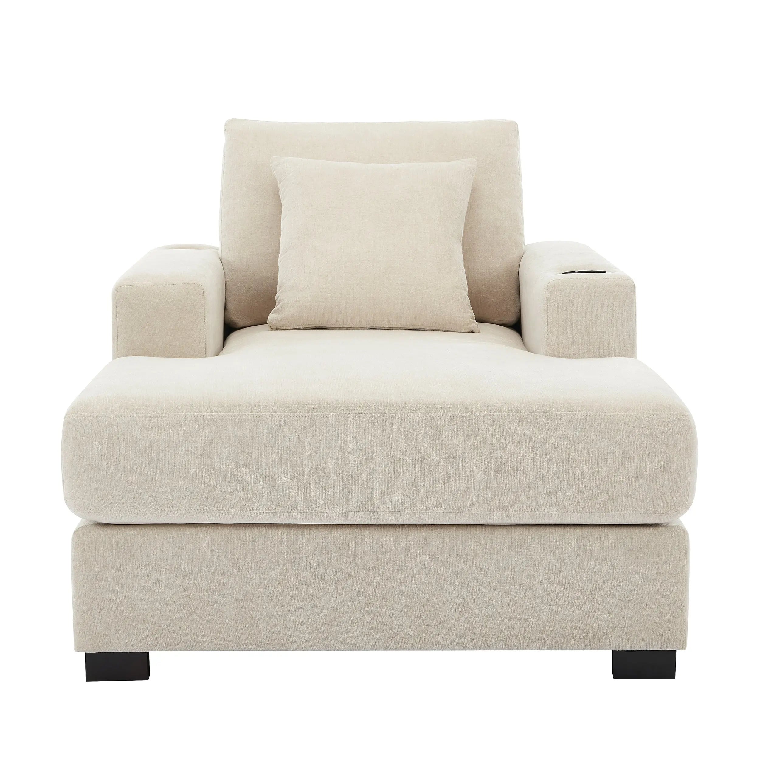 39.7" Oversized Chenille Chaise Lounger | Built-In Charge Station, Cup Holder, Pillows, Washable Covers – Cream, 330 lb Capacity Next Gen Luxe Solutions