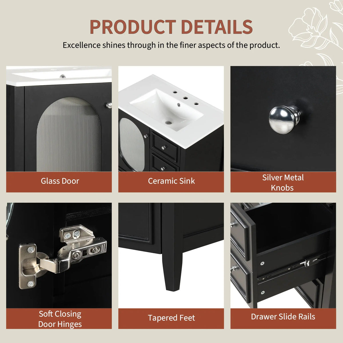 30" Bathroom Vanity with Sink – 3 Drawers, Moru Glass Door, Solid Wood & MDF, Ceramic Sink, Black – Freestanding Next Gen Luxe Solutions