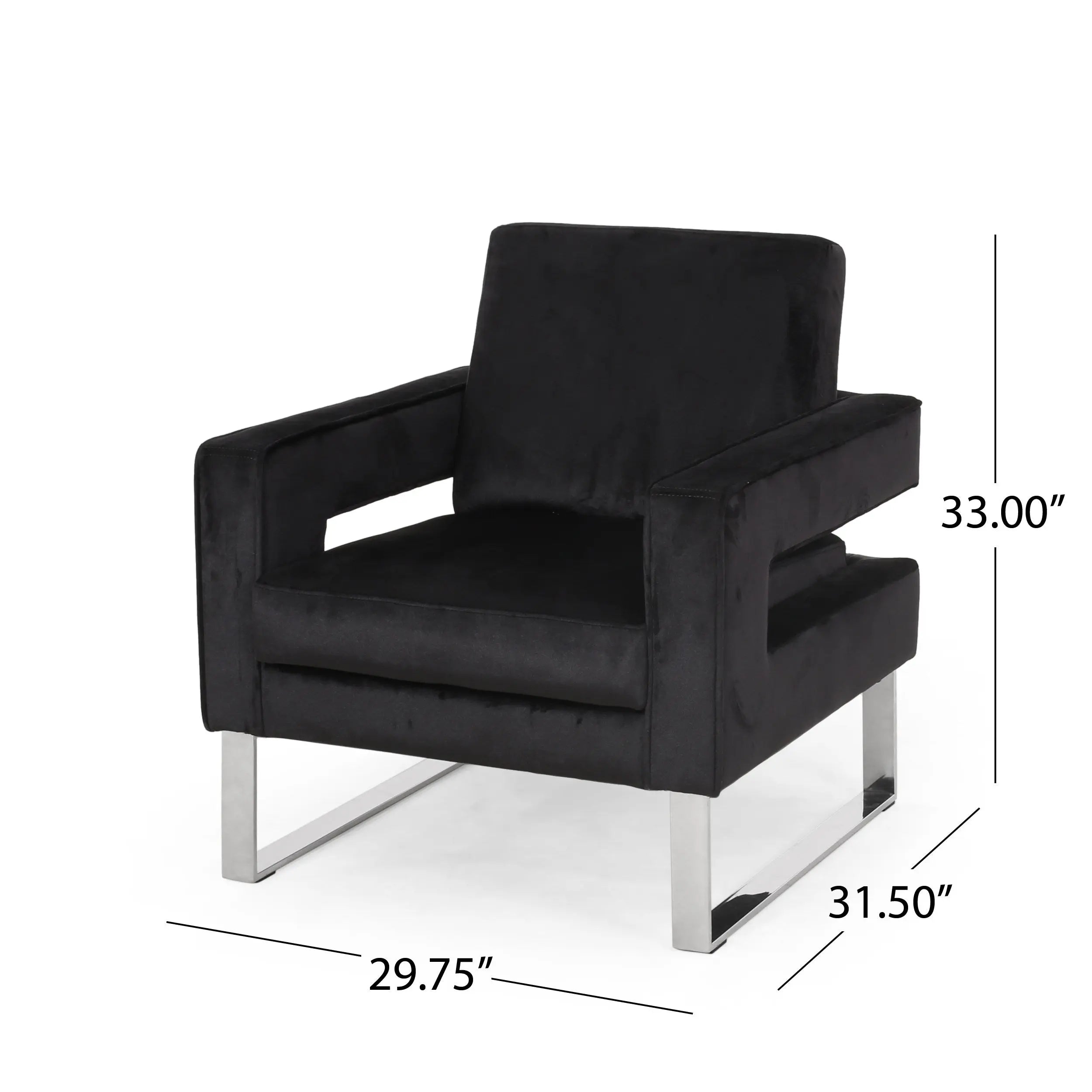 Modern Glam Velvet Club Armchair – Geometric U-Shape, Silver Accents & Stainless Steel Legs (Black) Next Gen Luxe Solutions