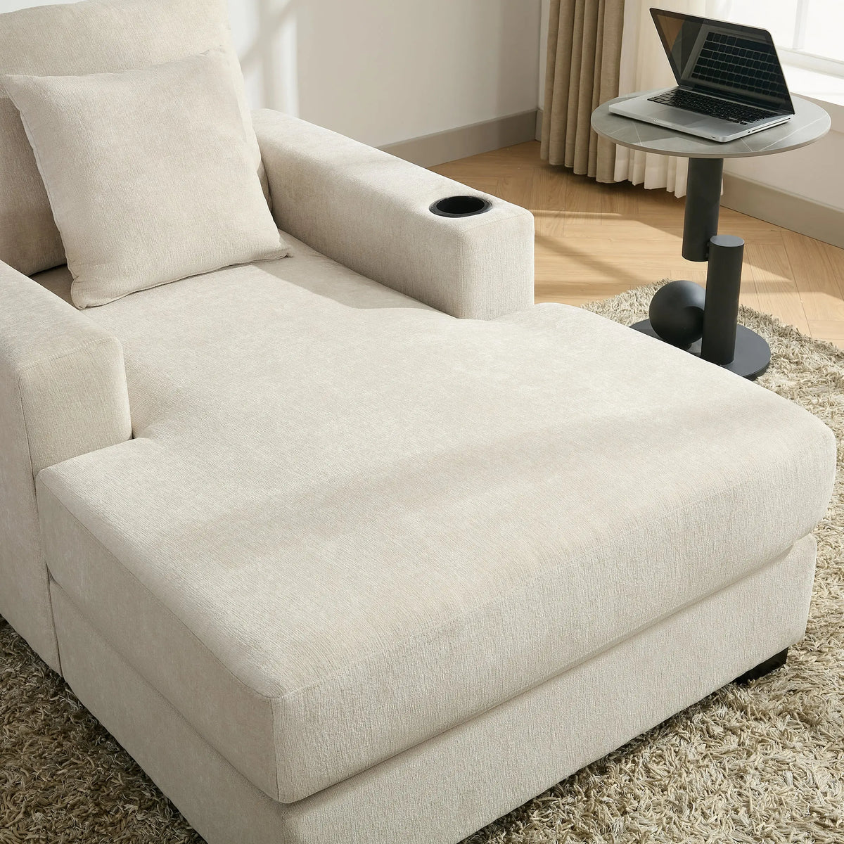 39.7" Oversized Chenille Chaise Lounger | Built-In Charge Station, Cup Holder, Pillows, Washable Covers – Cream, 330 lb Capacity Next Gen Luxe Solutions