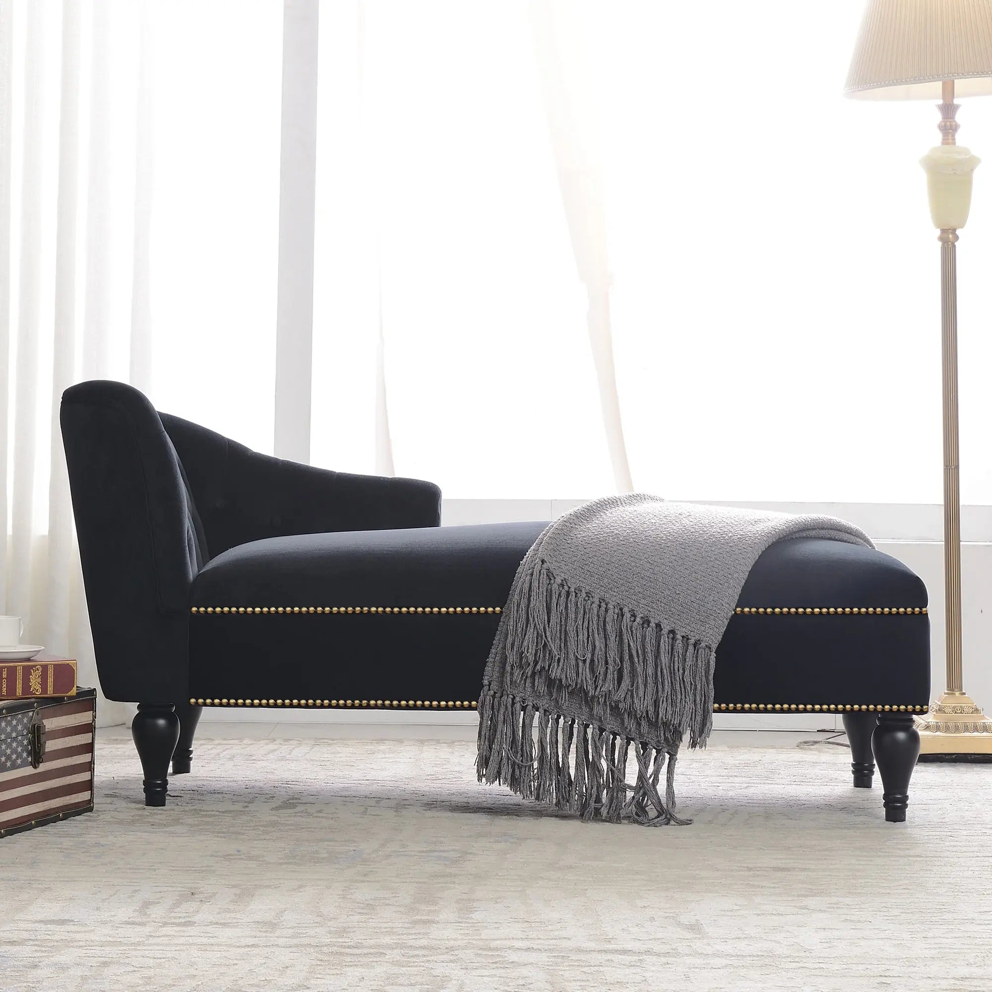 58 Inch Velvet Lounge Chair Button Tufted Right Arm Chaise with Nailhead Decoration Next Gen Luxe Solutions