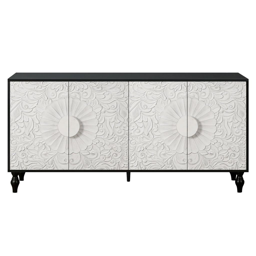 Vintage White Faceted Carved Cabinet – Black Frame TV Stand, Sideboard & Accent Cabinet Next Gen Luxe Solutions