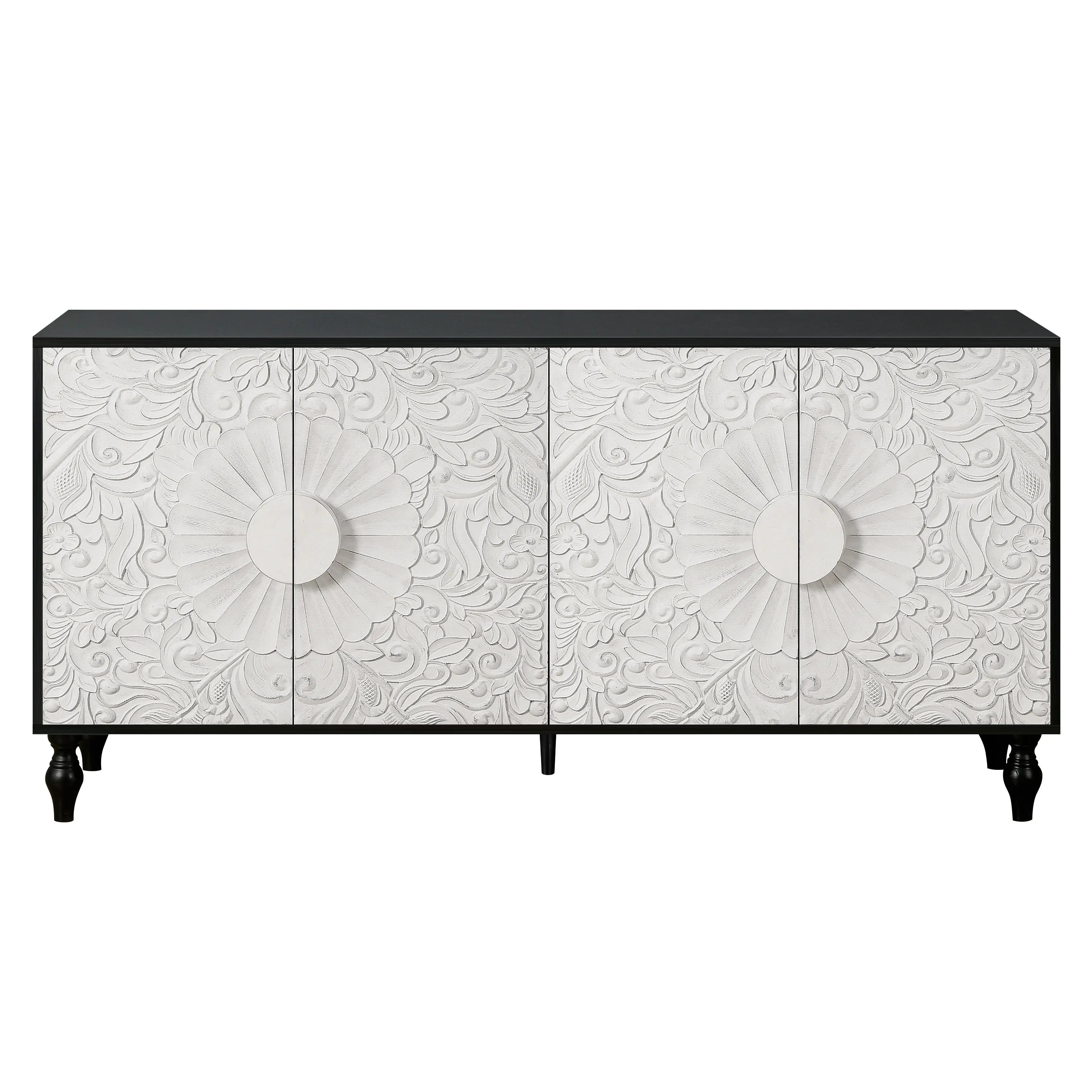 Vintage White Faceted Carved Cabinet – Black Frame TV Stand, Sideboard & Accent Cabinet Next Gen Luxe Solutions
