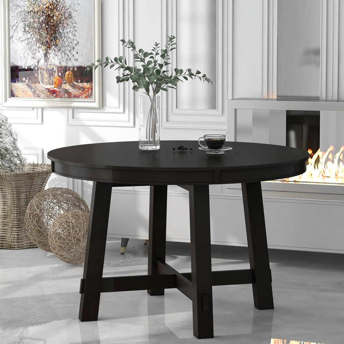 TREXM Farmhouse Round Extendable Dining Table with 16" Leaf – Espresso Wood Kitchen Table Next Gen Luxe Solutions