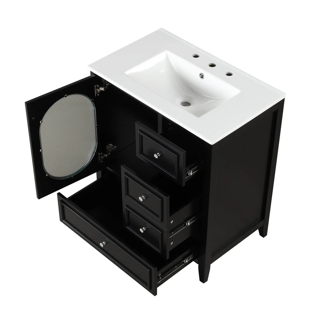 30" Bathroom Vanity with Sink – 3 Drawers, Moru Glass Door, Solid Wood & MDF, Ceramic Sink, Black – Freestanding Next Gen Luxe Solutions