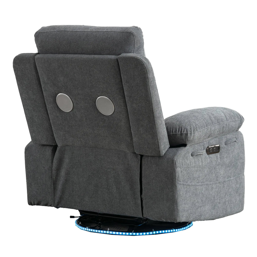 Power Recliner Glider Chair with Bluetooth Speaker | 270° Swivel, LED Light, USB+C Charging, Retractable Footrest, Storage Pockets – Light Grey Linen Next Gen Luxe Solutions