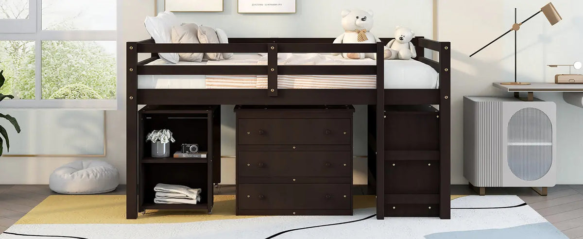 Full Size Low Loft Bed with Rolling Desk, Cabinet, Shelves & Safety Rails | Solid Wood Study Loft Bed – Espresso Next Gen Luxe Solutions