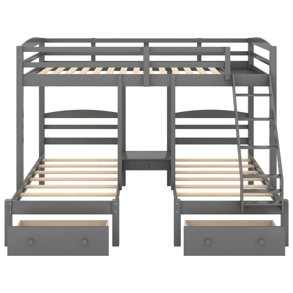 Full over Twin & Twin Triple Bunk Bed with 3 Drawers | Solid Pine & MDF, Full-Length Guardrail, 400 lb Capacity – Gray Next Gen Luxe Solutions