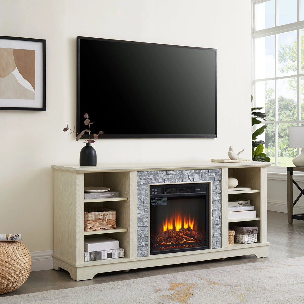Mantel Electric Fireplace TV Stand – Stone Media Console with 18" Fireplace Insert & Open Storage (White) Next Gen Luxe Solutions