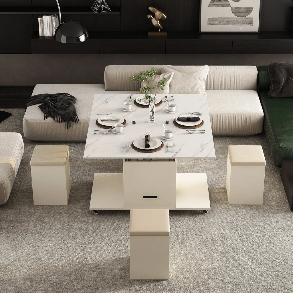 Modern Lift-Top Coffee Table with 4 Chairs, Expandable Storage – Hidden Compartment & 2 Drawers Next Gen Luxe Solutions