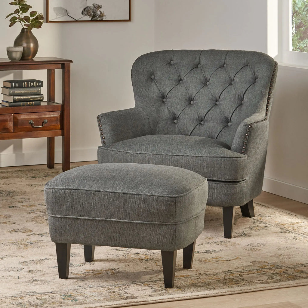 Contemporary Grey Fabric Club Chair and Ottoman Set | Plush Cushioned Armchair with Matching Ottoman – Modern Living Room Next Gen Luxe Solutions