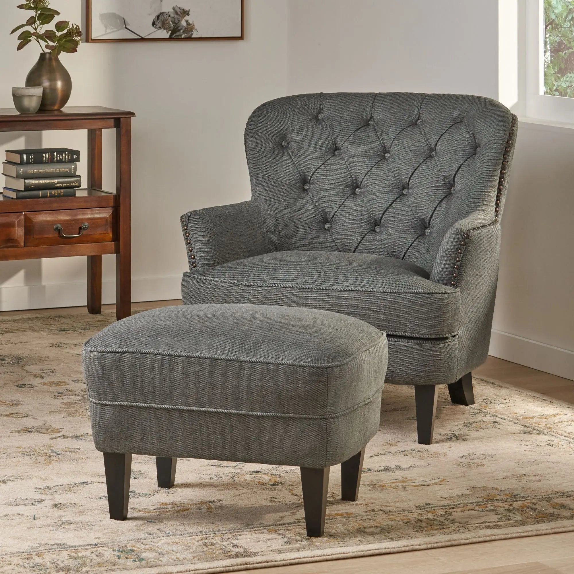 Contemporary Grey Fabric Club Chair and Ottoman Set | Plush Cushioned Armchair with Matching Ottoman – Modern Living Room Next Gen Luxe Solutions