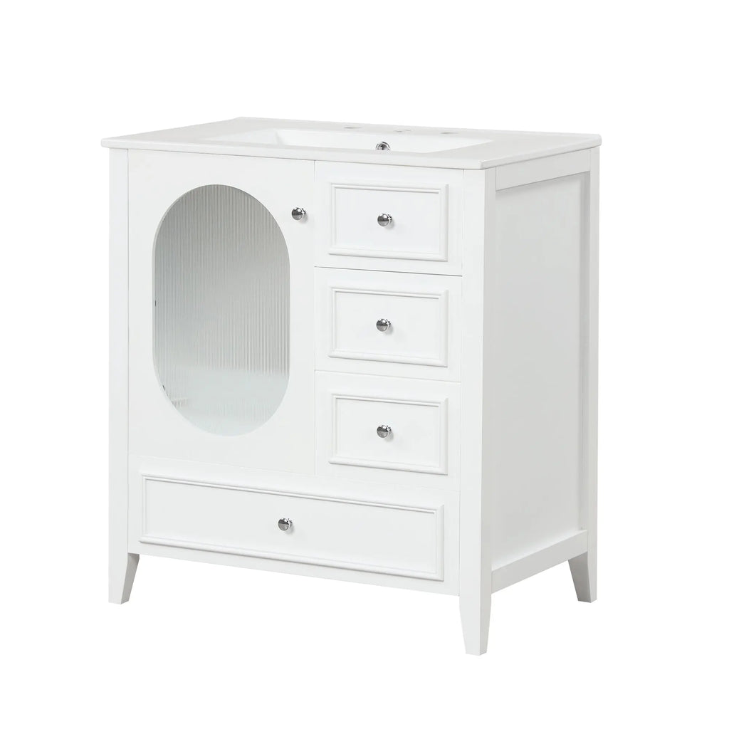 30" Bathroom Vanity with Sink | Solid Wood & MDF, 4 Drawers, Oval Fluted Glass Door, Ceramic Sink, White – Freestanding Next Gen Luxe Solutions