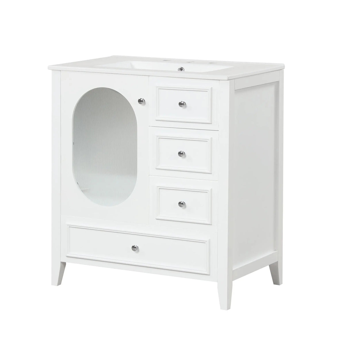 30" Bathroom Vanity with Sink | Solid Wood & MDF, 4 Drawers, Oval Fluted Glass Door, Ceramic Sink, White – Freestanding Next Gen Luxe Solutions