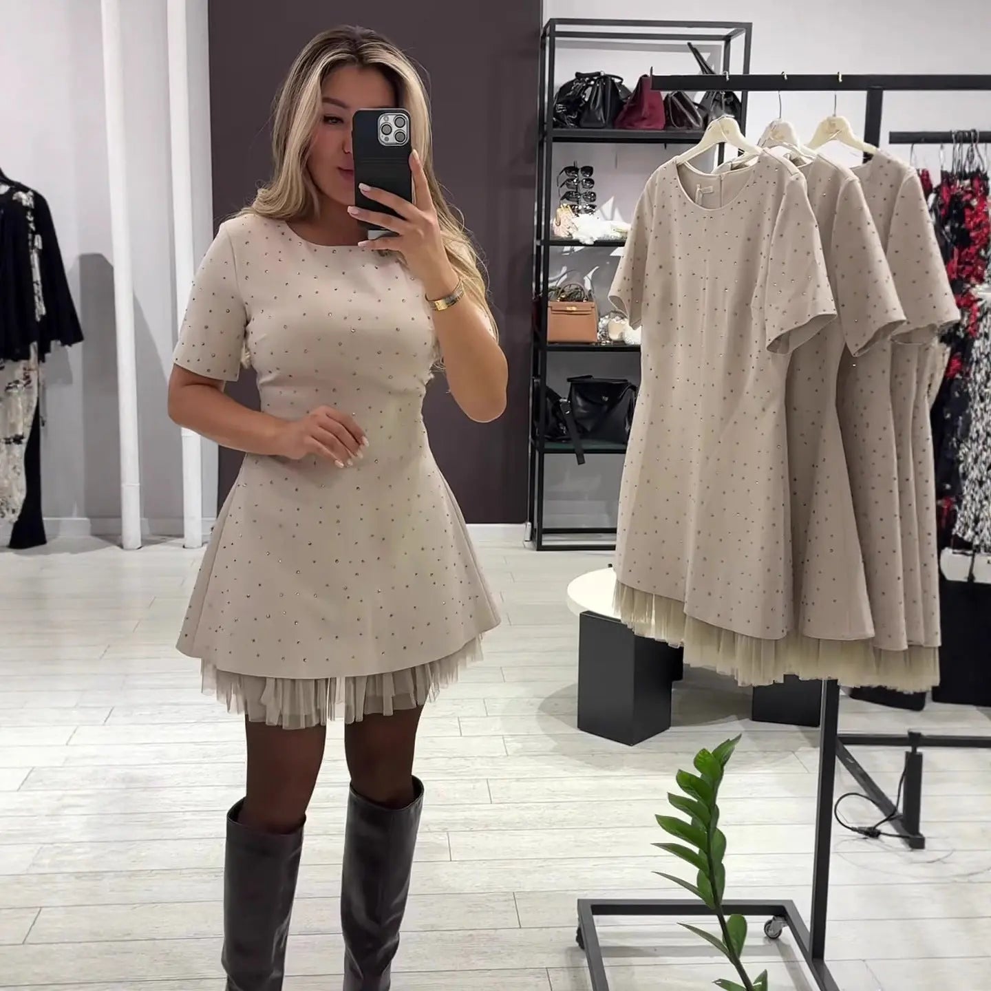 Women's Round Neck Short Sleeve Slim Fit A-Line Mini Dress | High Waist, Solid Color – Brown, Black Next Gen Luxe Solutions