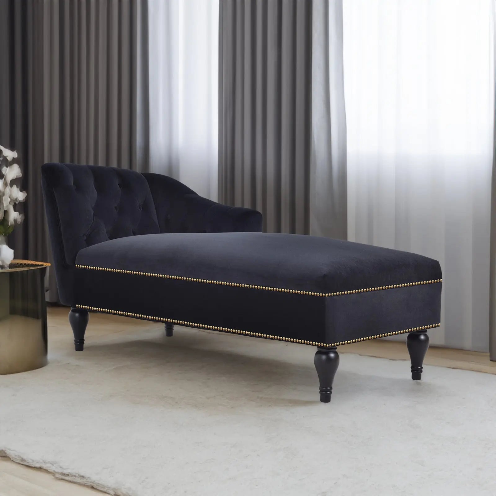 58 Inch Velvet Lounge Chair Button Tufted Right Arm Chaise with Nailhead Decoration Next Gen Luxe Solutions