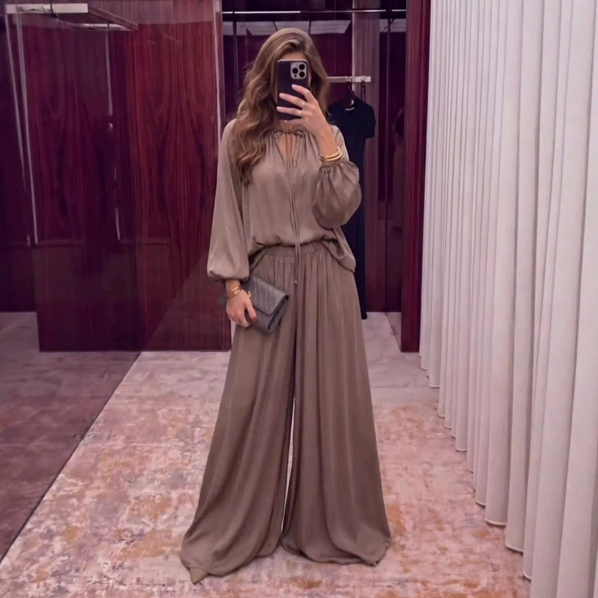 Women's V-Neck Lace-Up Top & Loose Pants Set | Long Sleeve 2-Piece Outfit – Brown, Black, Light Khaki, S–XXL Next Gen Luxe Solutions