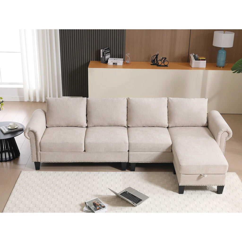 Convertible L-Shaped Sectional Sofa with Storage | 4-Seat Modern Linen Fabric Couch in Beige Next Gen Luxe Solutions