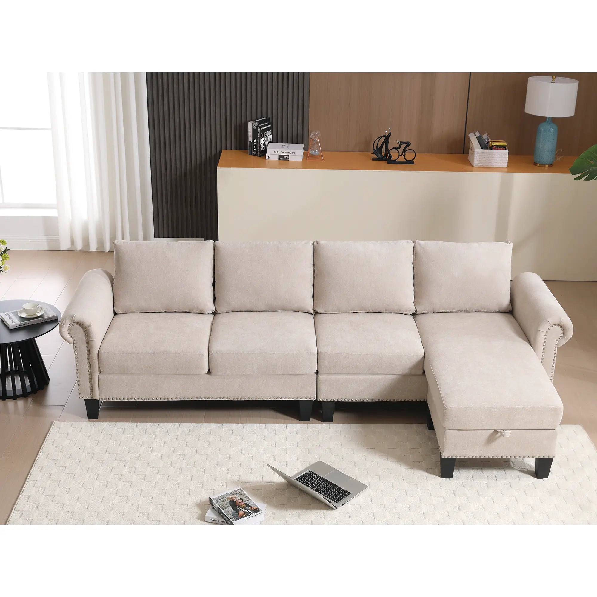 Convertible L-Shaped Sectional Sofa with Storage | 4-Seat Modern Linen Fabric Couch in Beige Next Gen Luxe Solutions