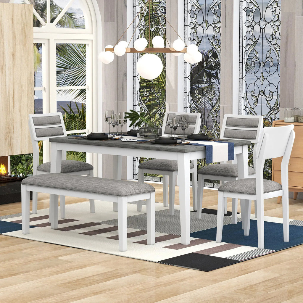 TREXM 6-Piece Classic Dining Set – Table, 4 Upholstered Chairs & Bench (White+Gray) Next Gen Luxe Solutions