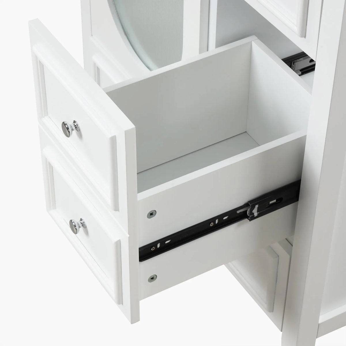 30" Bathroom Vanity with Sink | Solid Wood & MDF, 4 Drawers, Oval Fluted Glass Door, Ceramic Sink, White – Freestanding Next Gen Luxe Solutions