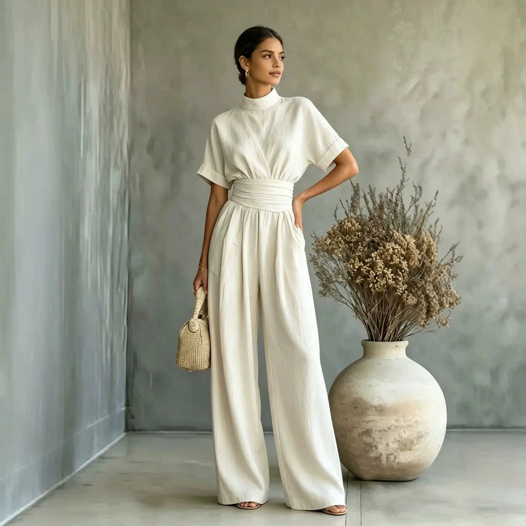 Women's Mock Neck Short Sleeve Wide Leg Jumpsuit | Full Length, Minimalist Solid Color – 5 Colors, S–2XL Next Gen Luxe Solutions