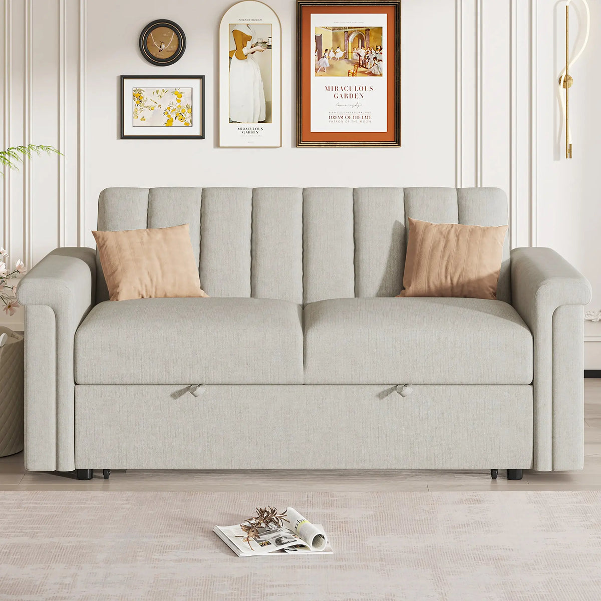 Convertible 2-Seat Sofa Bed | Pull-Out Sleeper Sofa with Adjustable Backrest & Foam + Pocket Spring Cushions in Beige Next Gen Luxe Solutions