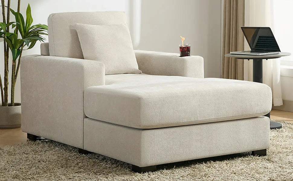 39.7" Oversized Chenille Chaise Lounger | Built-In Charge Station, Cup Holder, Pillows, Washable Covers – Cream, 330 lb Capacity Next Gen Luxe Solutions