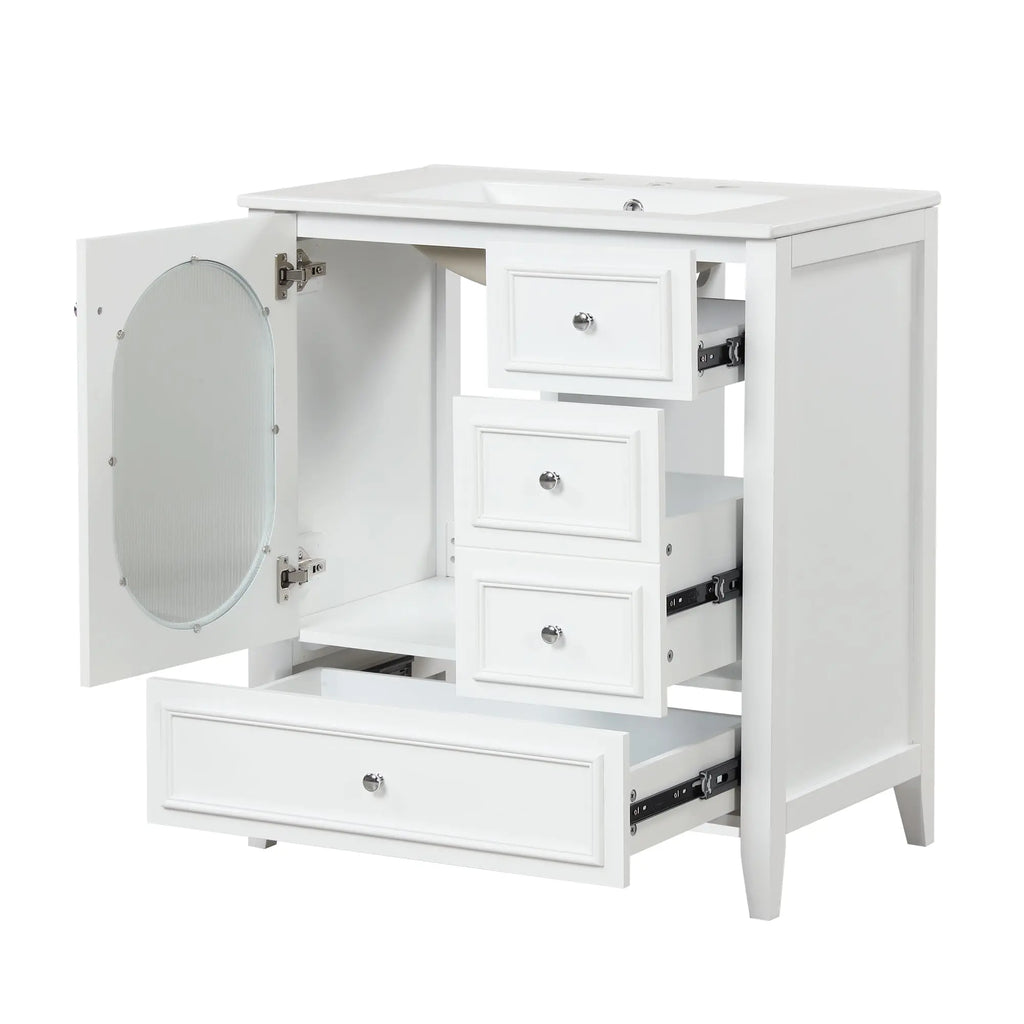 30" Bathroom Vanity with Sink | Solid Wood & MDF, 4 Drawers, Oval Fluted Glass Door, Ceramic Sink, White – Freestanding Next Gen Luxe Solutions