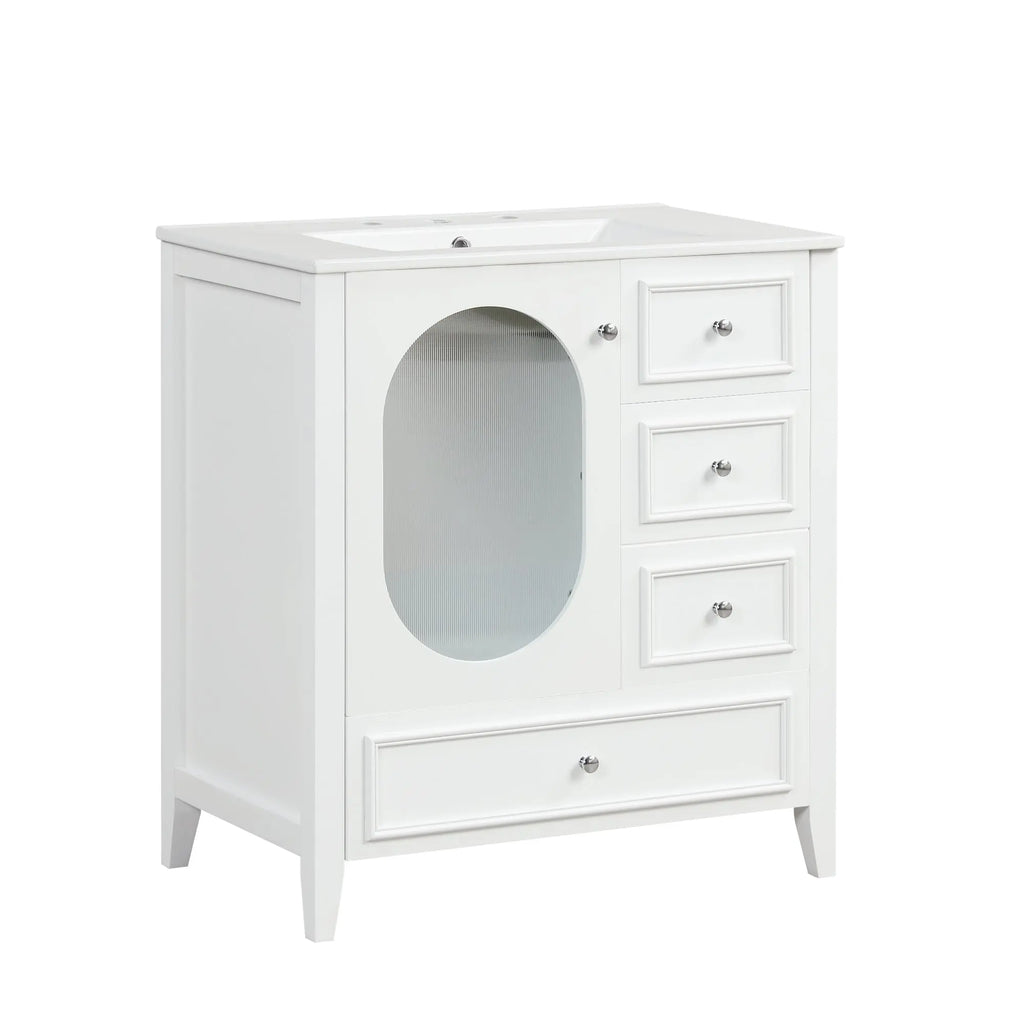 30" Bathroom Vanity with Sink | Solid Wood & MDF, 4 Drawers, Oval Fluted Glass Door, Ceramic Sink, White – Freestanding Next Gen Luxe Solutions
