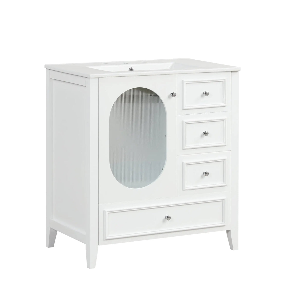 30" Bathroom Vanity with Sink | Solid Wood & MDF, 4 Drawers, Oval Fluted Glass Door, Ceramic Sink, White – Freestanding Next Gen Luxe Solutions