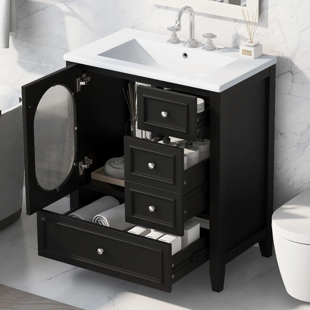 30" Bathroom Vanity with Sink – 3 Drawers, Moru Glass Door, Solid Wood & MDF, Ceramic Sink, Black – Freestanding Next Gen Luxe Solutions
