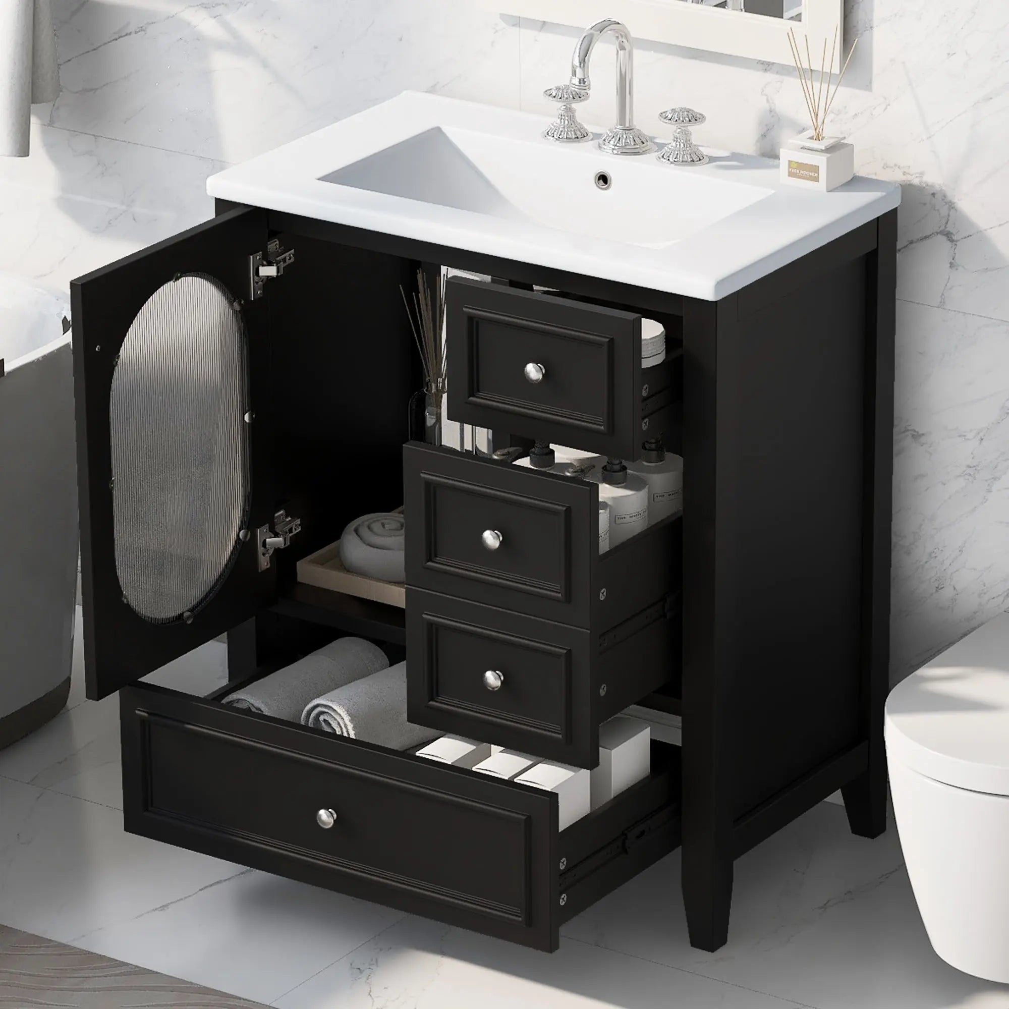 30" Bathroom Vanity with Sink – 3 Drawers, Moru Glass Door, Solid Wood & MDF, Ceramic Sink, Black – Freestanding Next Gen Luxe Solutions