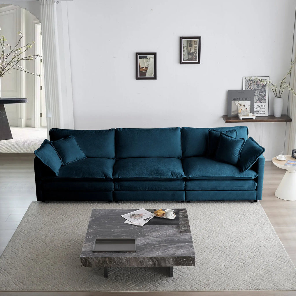 Mid-Century Modern 3-Seater Sofa | Blue Chenille Couch with 5 Pillows for Living Room Next Gen Luxe Solutions