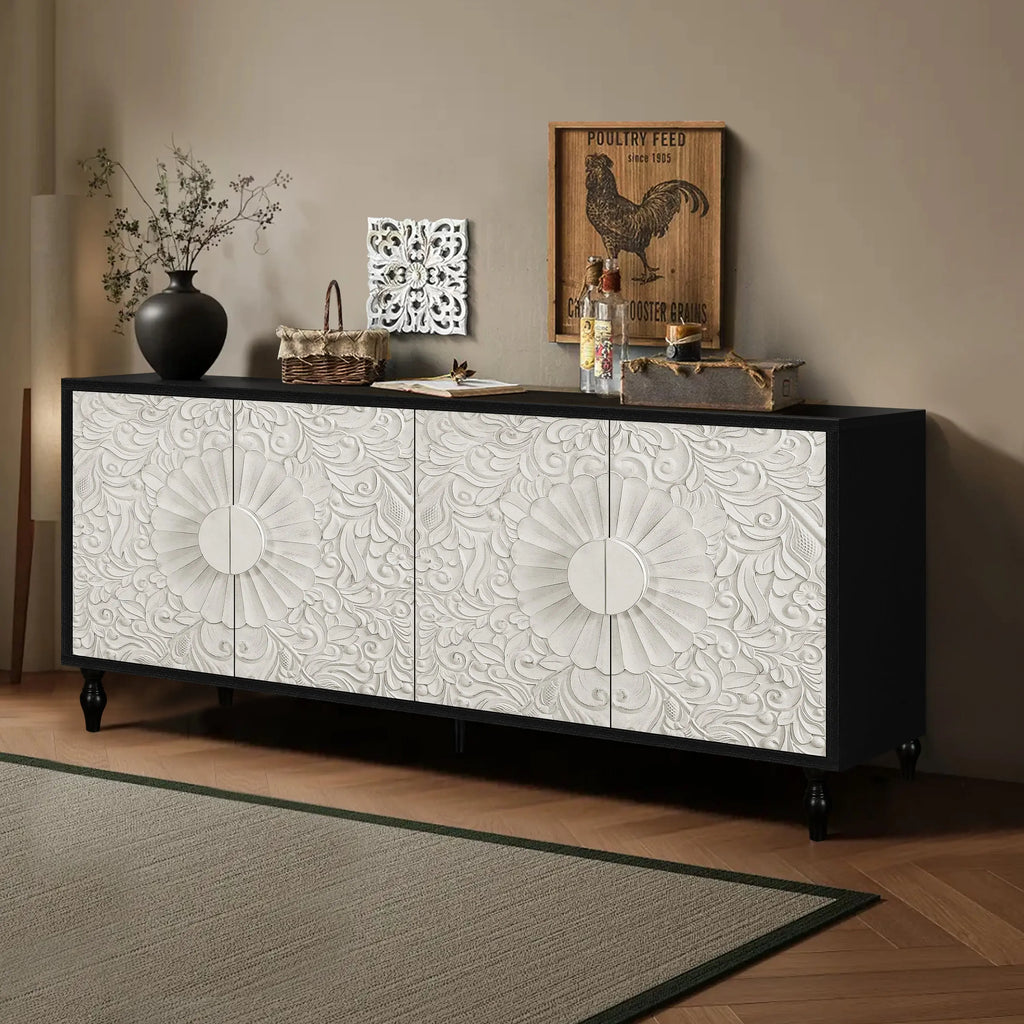 Vintage White Faceted Carved Cabinet – Black Frame TV Stand, Sideboard & Accent Cabinet Next Gen Luxe Solutions