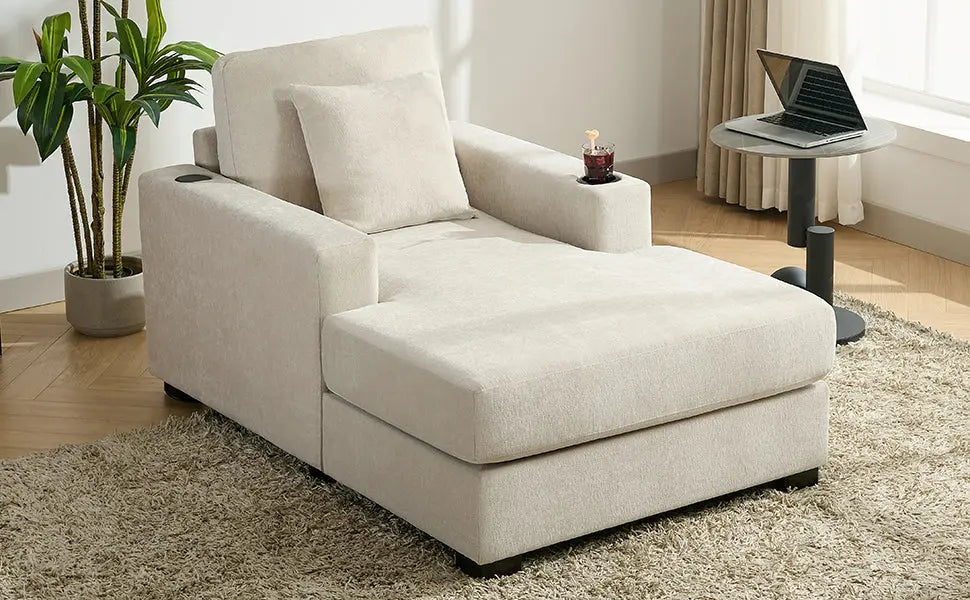 39.7" Oversized Chenille Chaise Lounger | Built-In Charge Station, Cup Holder, Pillows, Washable Covers – Cream, 330 lb Capacity Next Gen Luxe Solutions