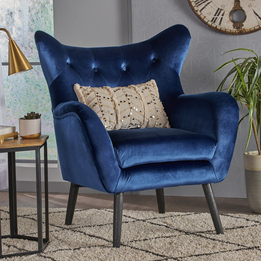 Navy Blue Velvet Wingback Armchair – Button-Tufted, Mid-Century Modern | Oak Wood Frame Next Gen Luxe Solutions