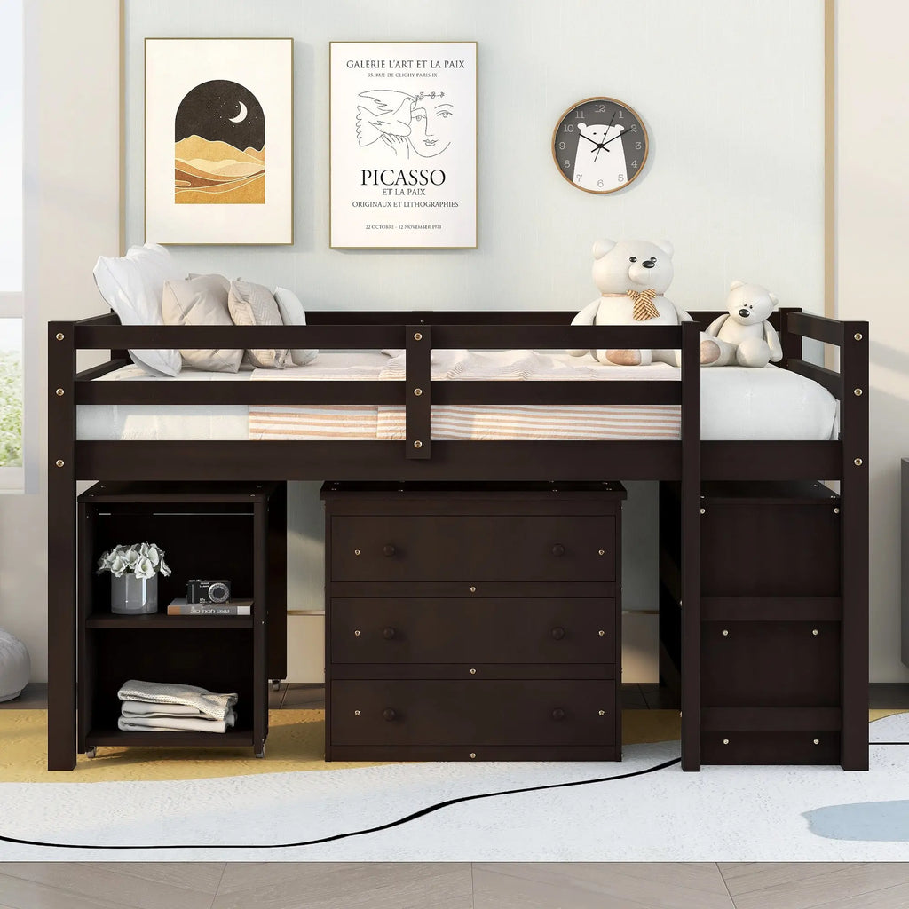 Full Size Low Loft Bed with Rolling Desk, Cabinet, Shelves & Safety Rails | Solid Wood Study Loft Bed – Espresso Next Gen Luxe Solutions