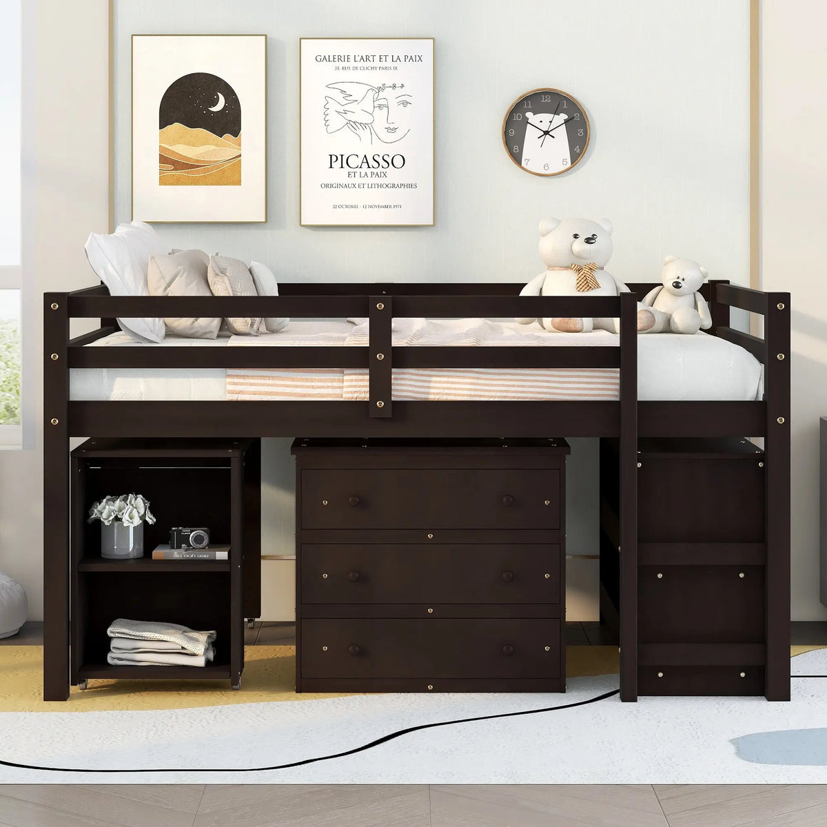 Full Size Low Loft Bed with Rolling Desk, Cabinet, Shelves & Safety Rails | Solid Wood Study Loft Bed – Espresso Next Gen Luxe Solutions