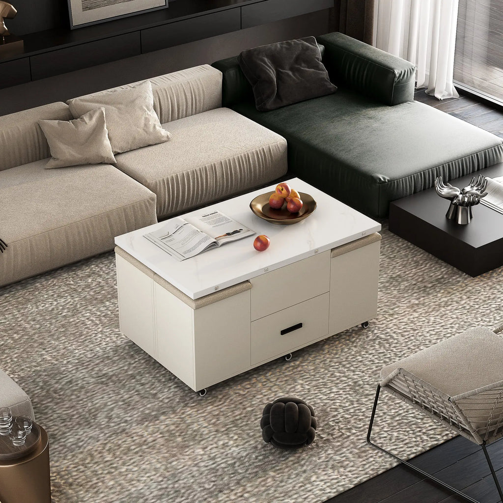 Modern Lift-Top Coffee Table with 4 Chairs, Expandable Storage – Hidden Compartment & 2 Drawers Next Gen Luxe Solutions